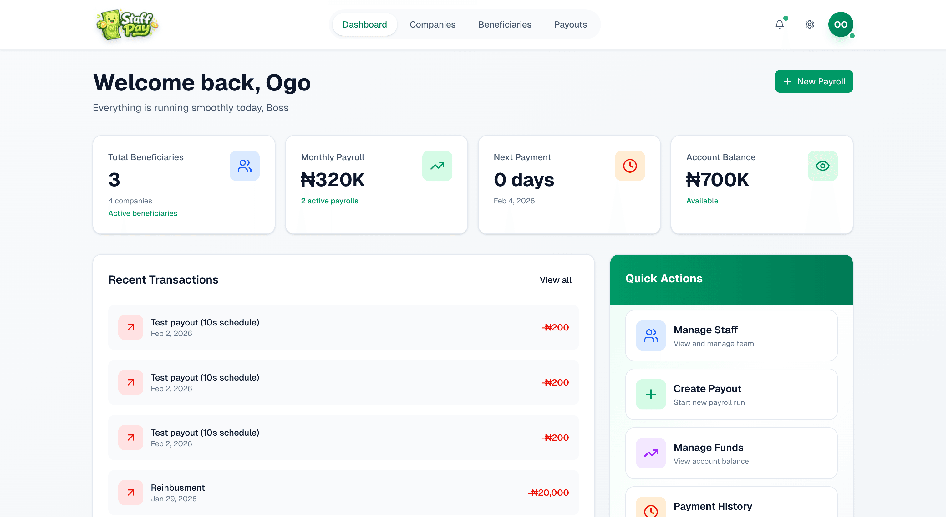 Staff Pay dashboard preview, beneficiary management, payouts, and funds in one place