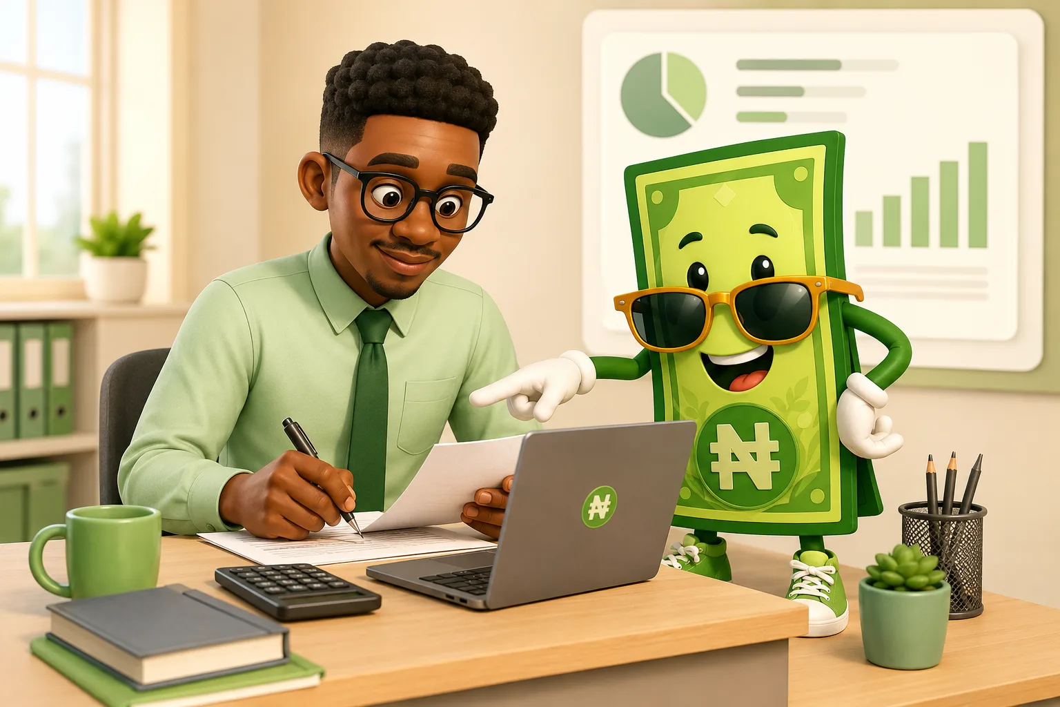 Professional at a desk using Staffpay.ng with the naira mascot
