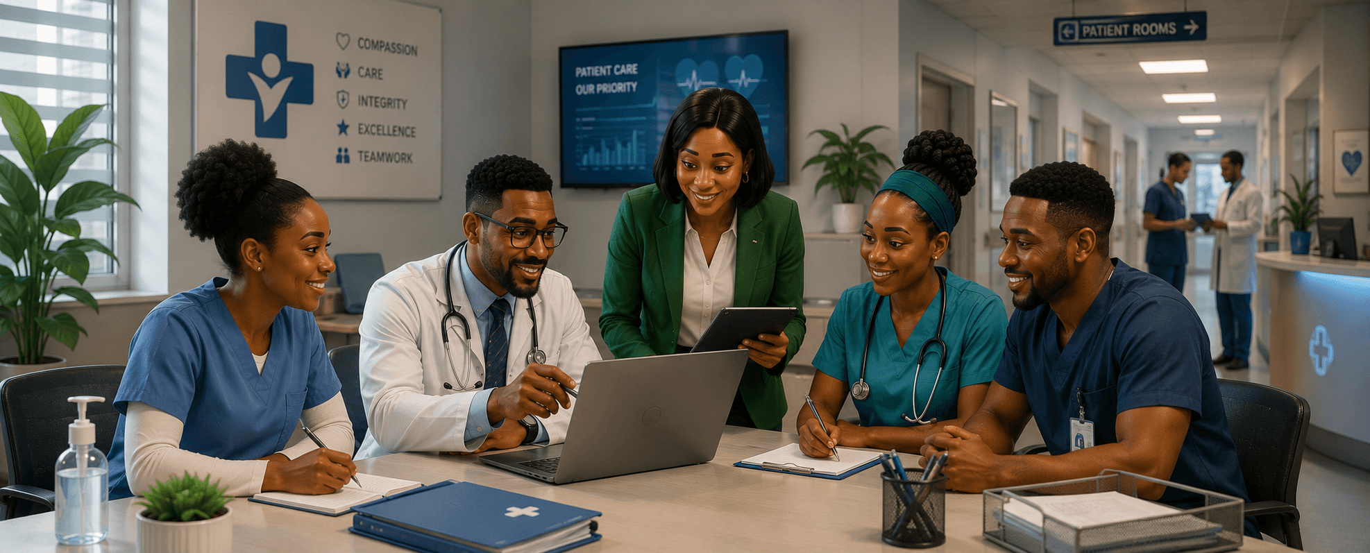 Healthcare team reviewing patient care records and payroll planning on Staffpay.ng