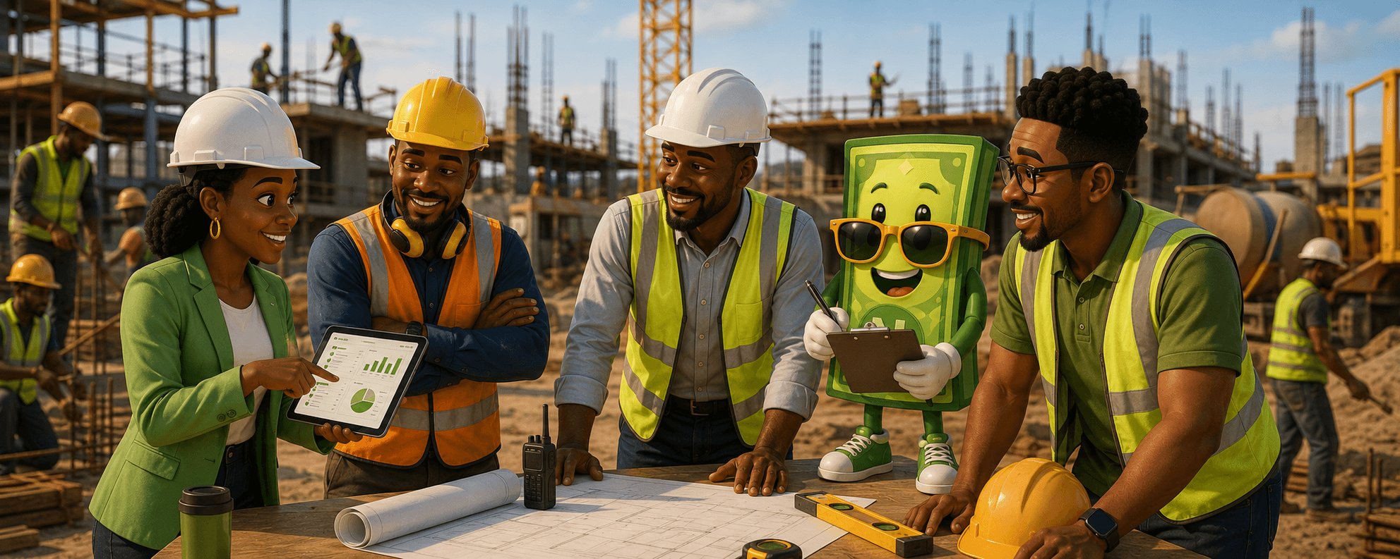 Construction team reviewing project payroll and payments on Staffpay.ng